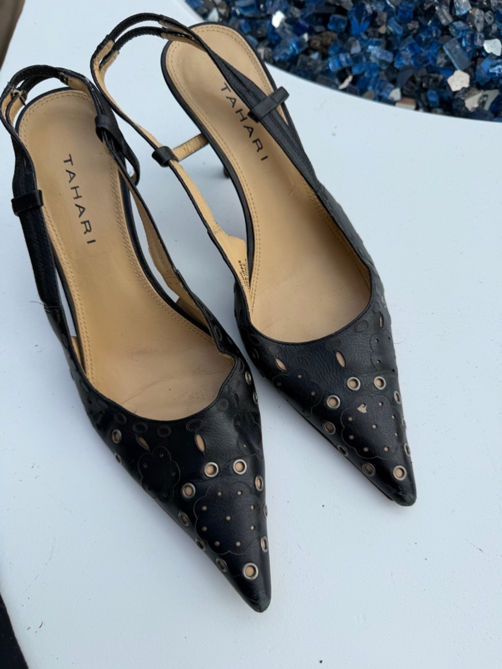 Tahari Black Perforated Pointed Slingback Heels with Metallic Eyelets